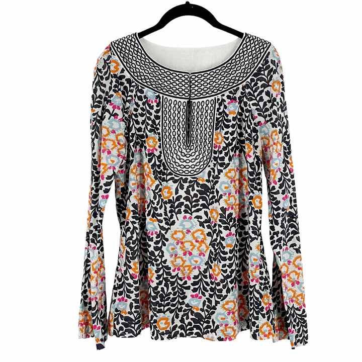 Tory Burch Floral Print Long Sleeve Keyhole Neck Embroidered Cotton Blouse SZ 6