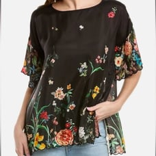 NWT Johnny Was Houstein Eloise Black Floral Print Scallop Short Sleeve Silk Top