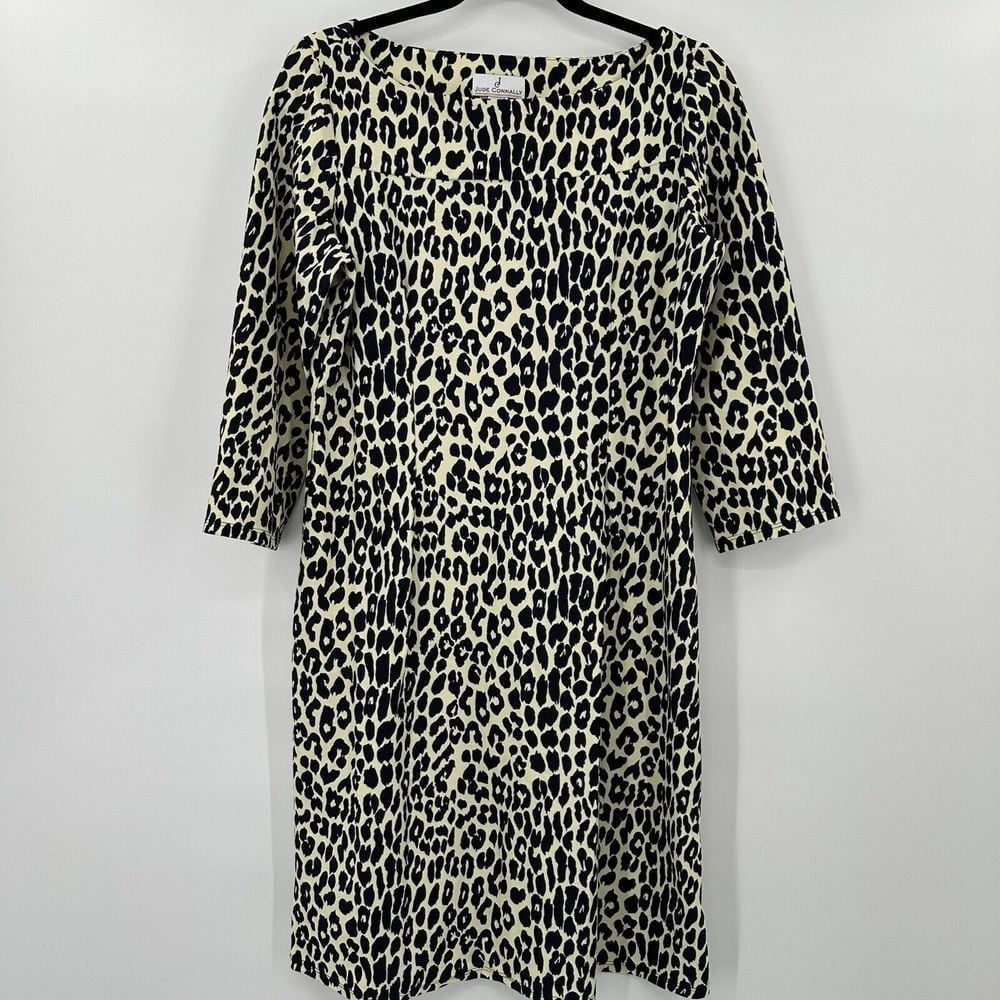 Jude Connally 3/4 Sleeve Leopard Animal Print Nylon Spandex Blend Dress Large