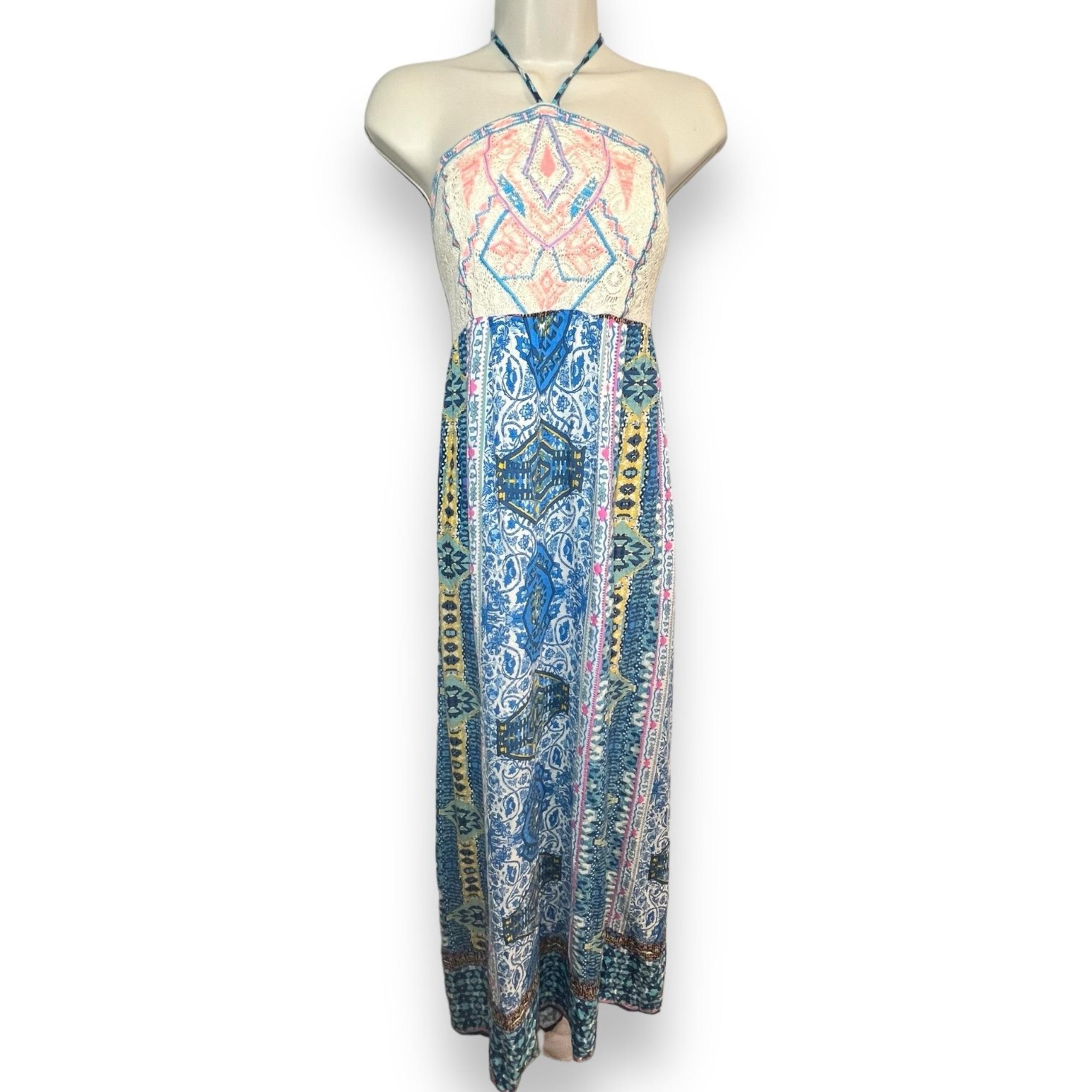 Flying Tomato Women’s Crochet Halter Maxi Dress Blue Pink Size Small