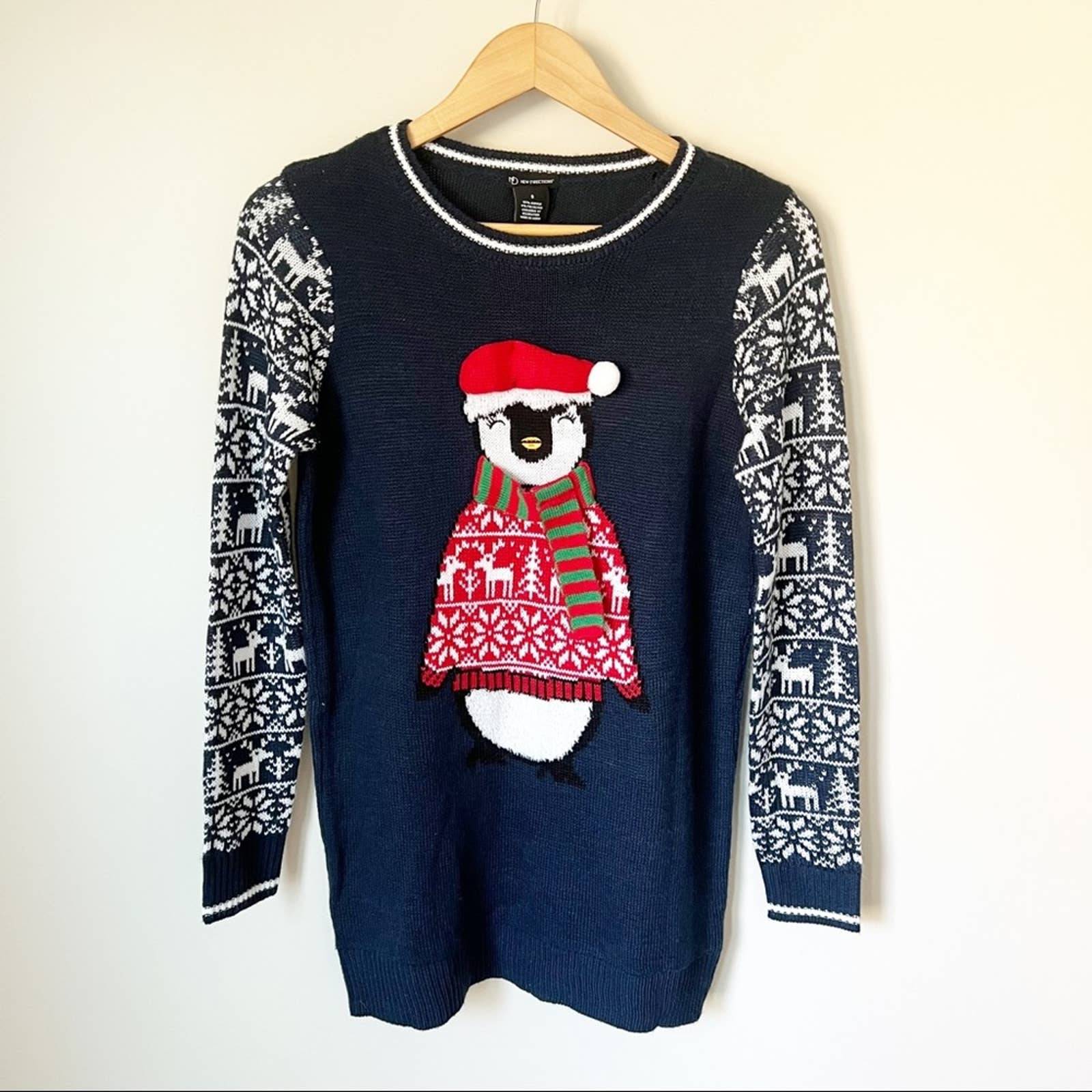 New Directions Penguin Fair Isle Knit Tunic Ugly Christmas Sweater Navy White S