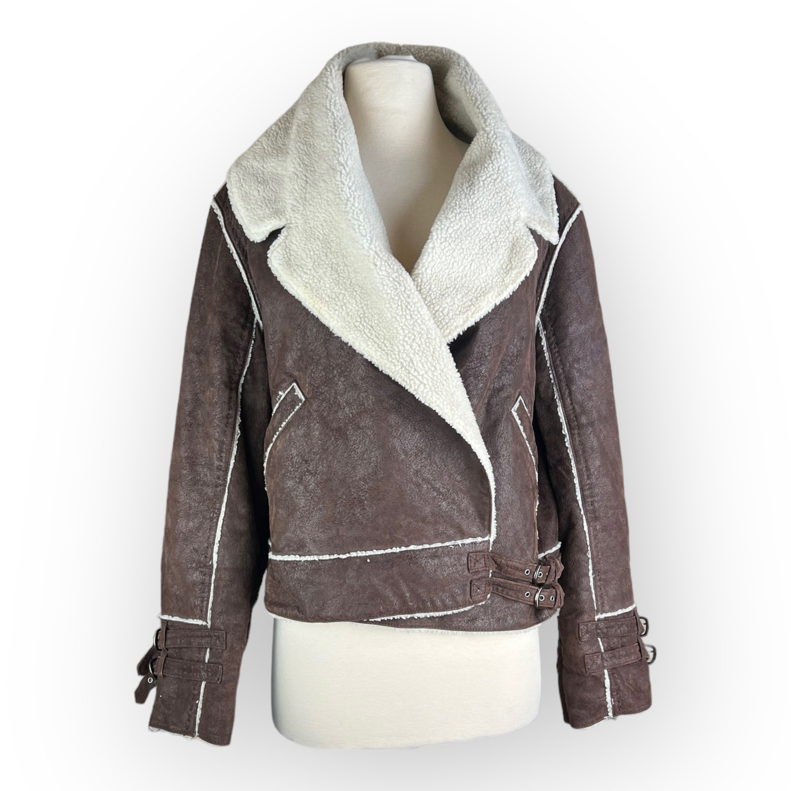 Moda International Leather Suede Vintage Moto Brown Jacket | Buckle Accents