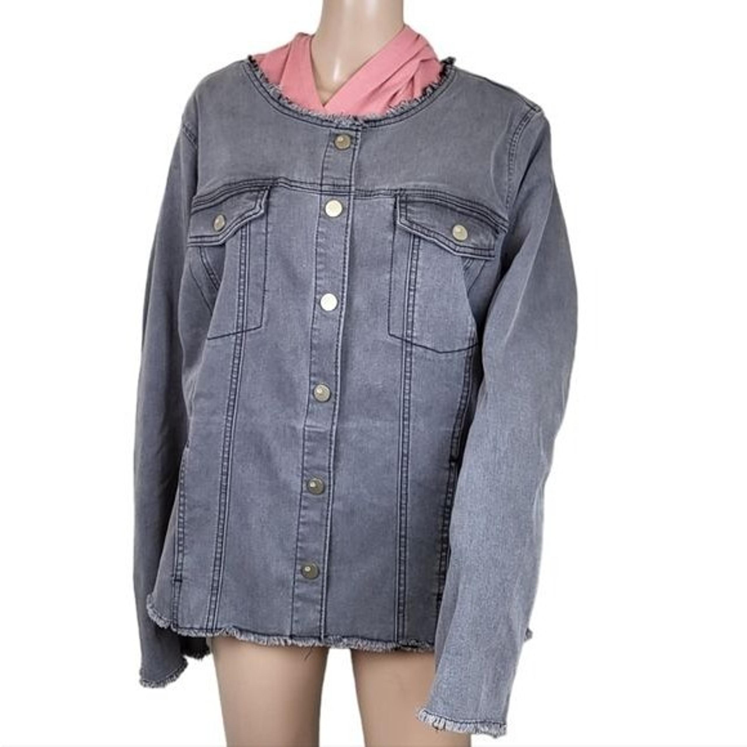 LOGO by Lori Goldstein Lea Frayed Hem Gray Denim Jacket