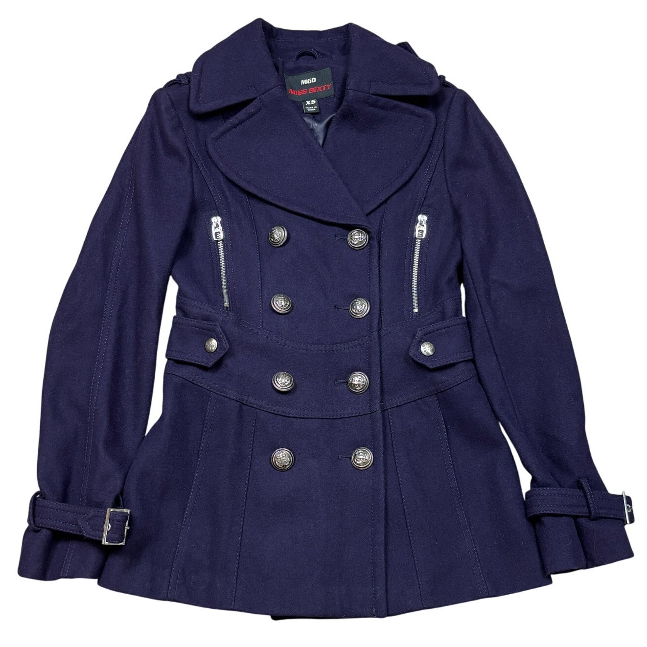 Miss Sixty M60 Double Breasted Wool Peplum Pea Coat Women's XS Y2K Preppy