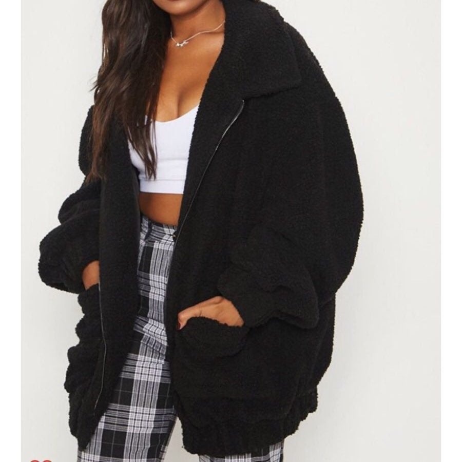 Black Pocket Front Coat Jacket Warm Borg