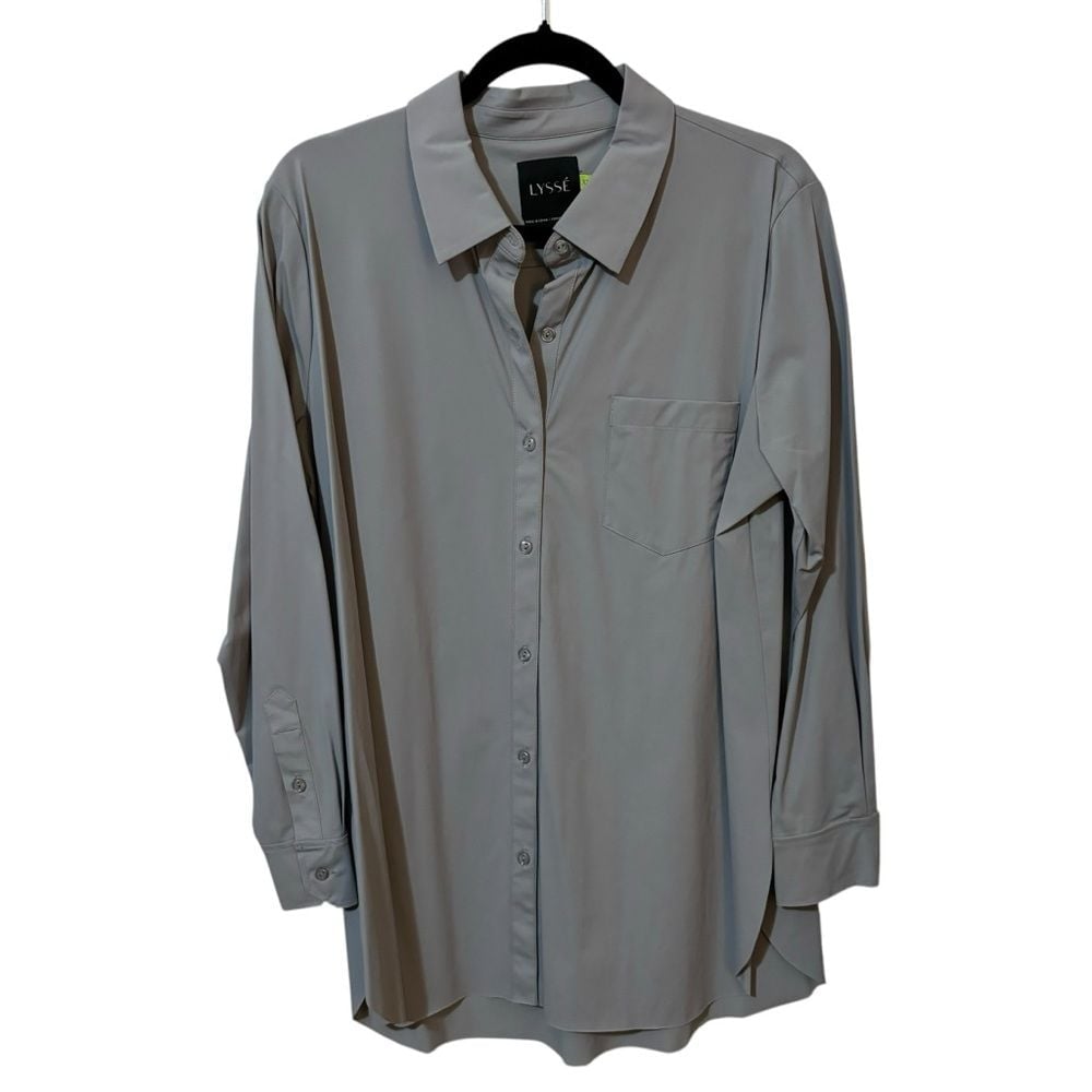 Lysse Women's Large Button Up Grey Pocket Career Casual Long Sleeve Top Blouse
