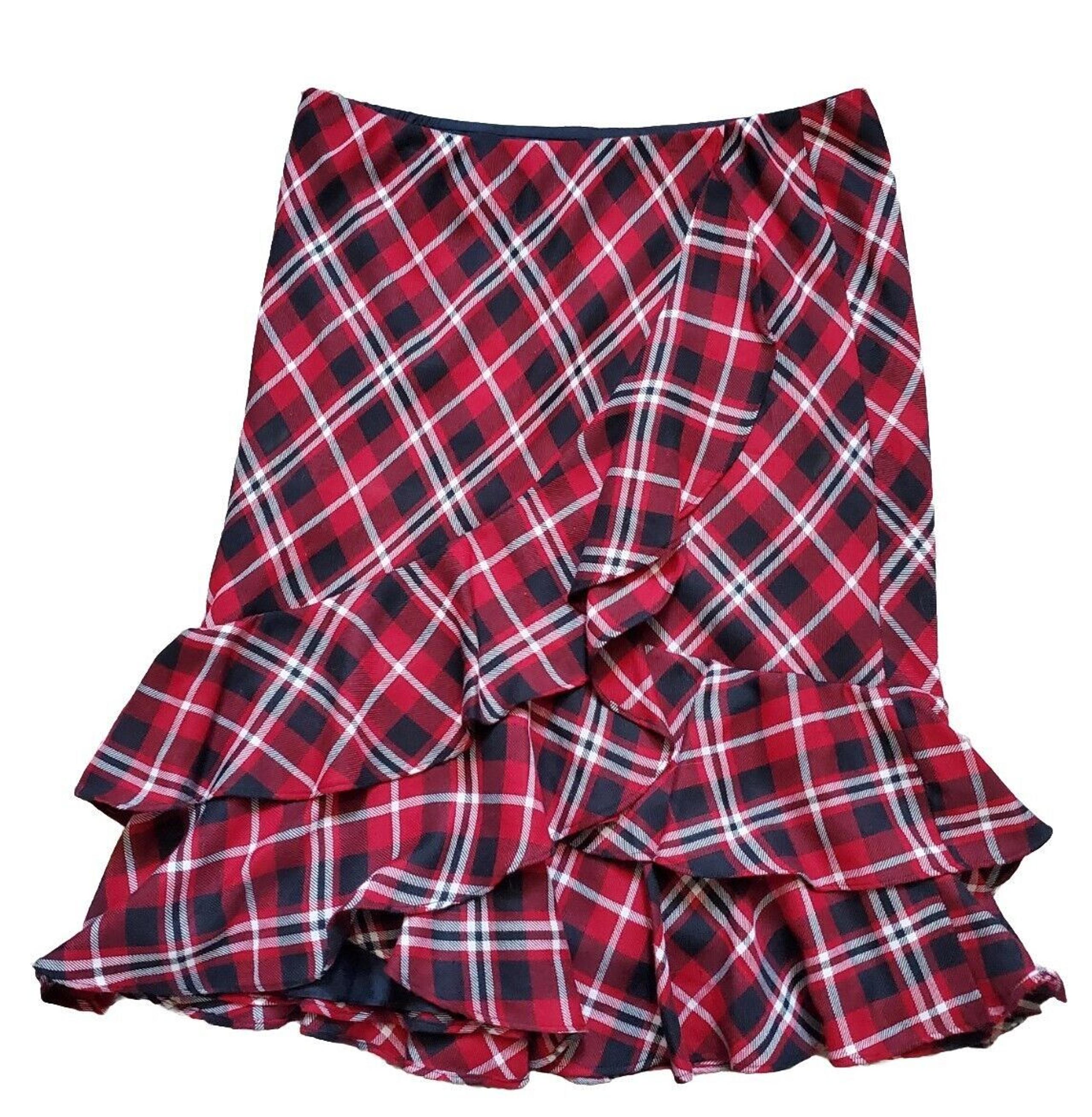 Polo Ralph Lauren Skirt Women Medium Black Red Buffalo Plaid A-Line Ruffle Y2K