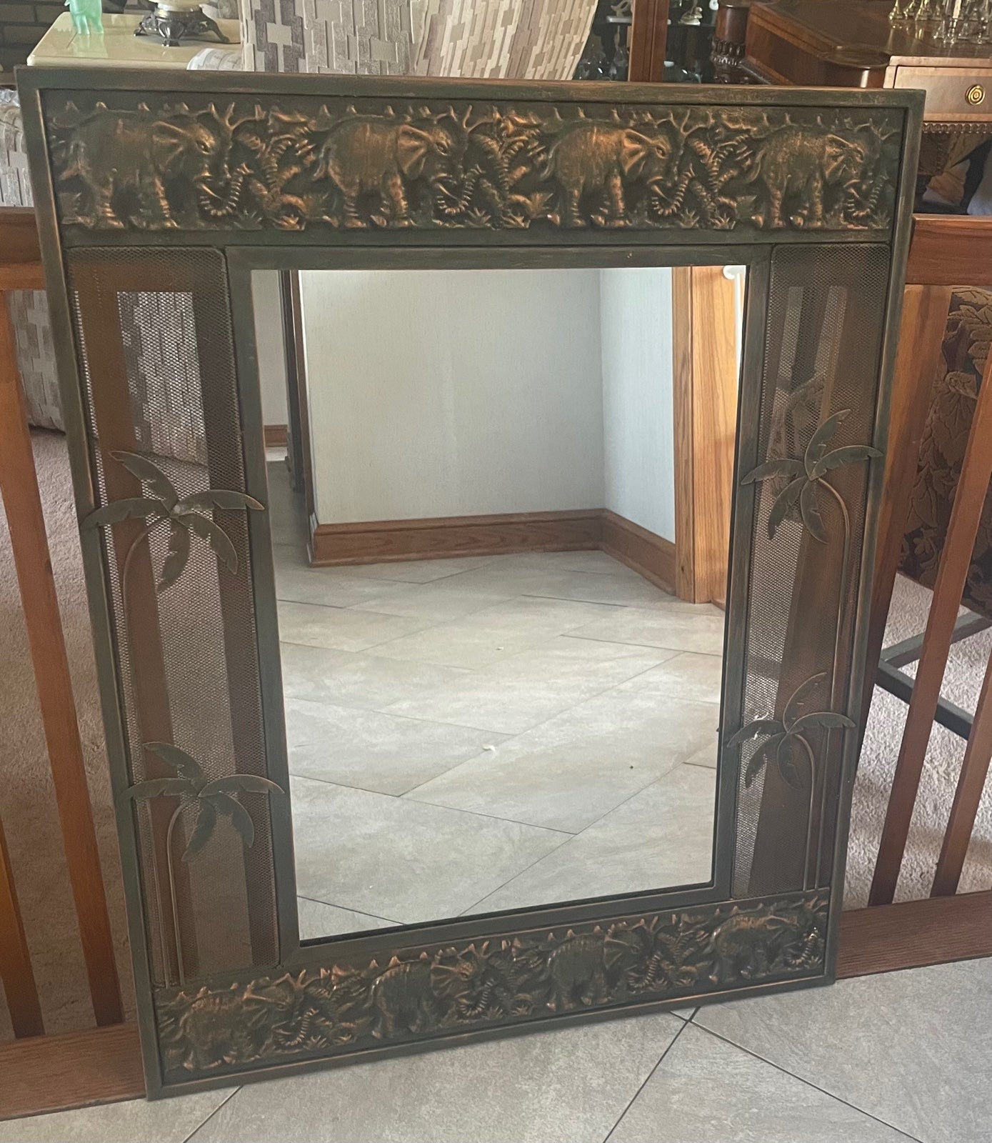 Vintage Elephant & Palm Trees Metal Framed Wall Mirror, Vintage Wall Mirror, Vin