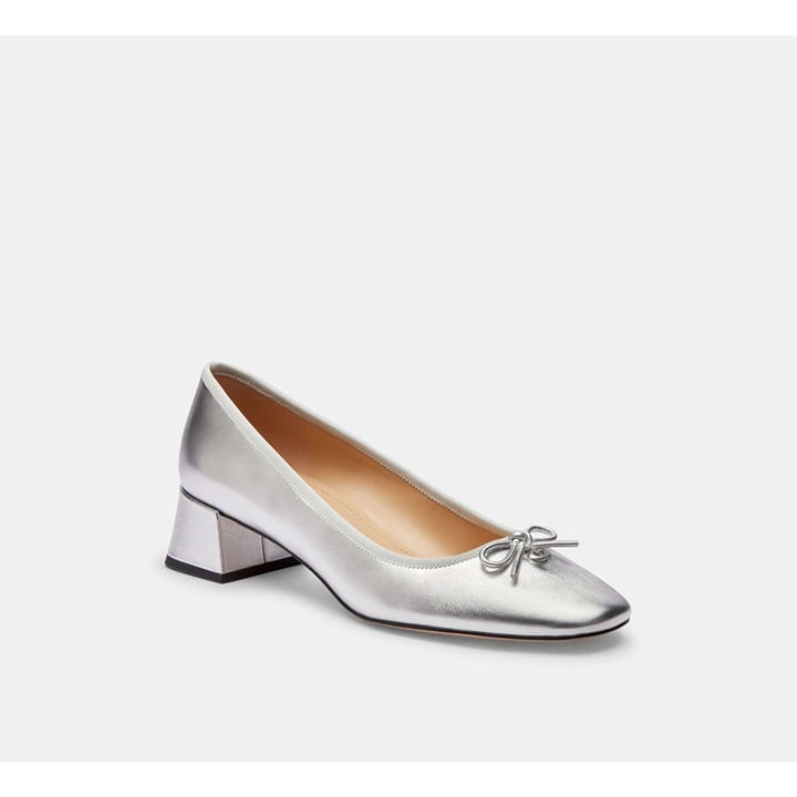 Coach Ava Ballet Pump Women Size 9 Silver Metallic Leather Walkable Block Heel