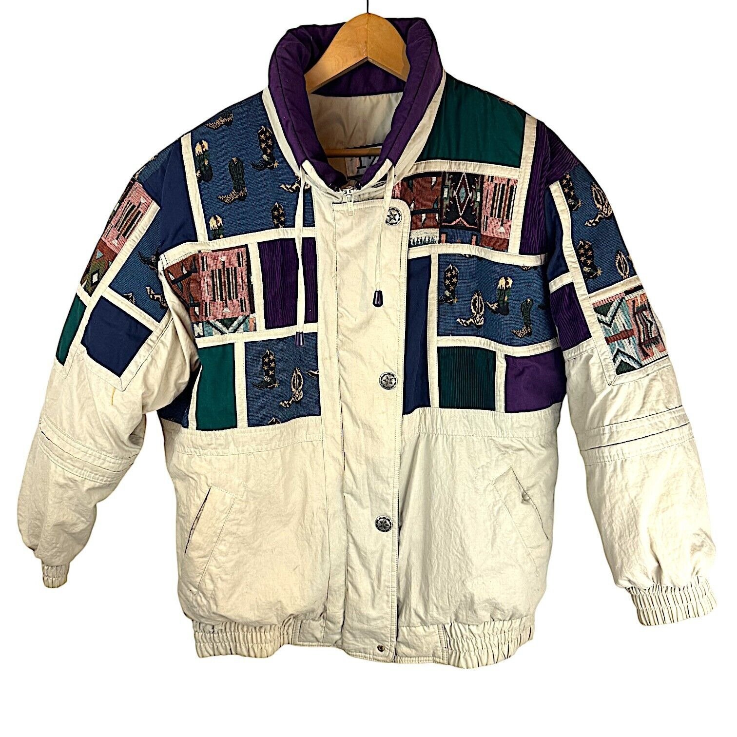 Vintage Izzi Ski Puffer Jacket Western Cowboy Patchwork Multicolor Adult Size M