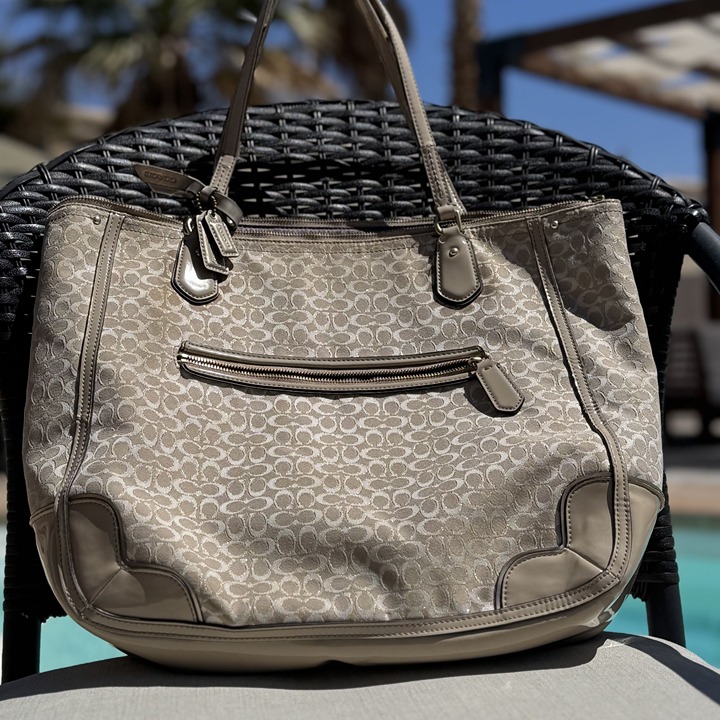Coach Signature Beige Canvas & Leather Tote Bag With Purple Lining