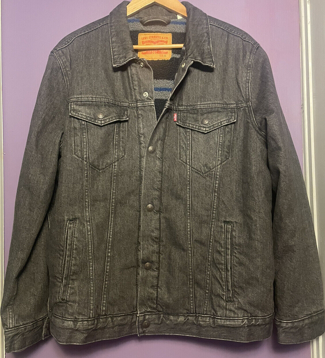 Levi's Black Denim Jacket Grey /Black Fleece Lined Men's Xlarge