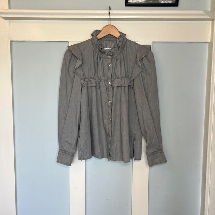NWT Isabel Étoile Marant Snap Front Ruffled Denim Shirt