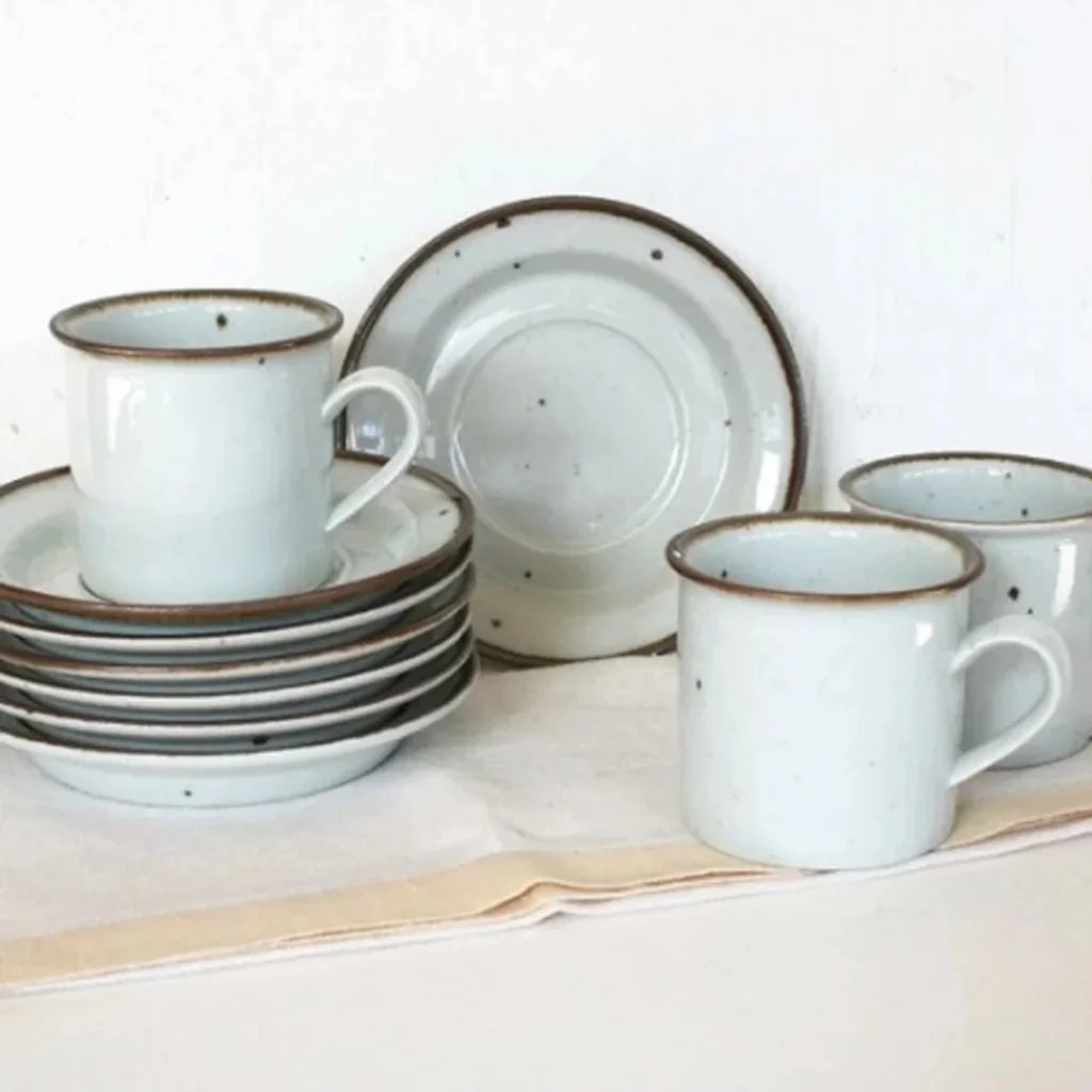 Vintage Dansk cups and saucers Brown Mist by Niels Refsgaard speckled retro 70s