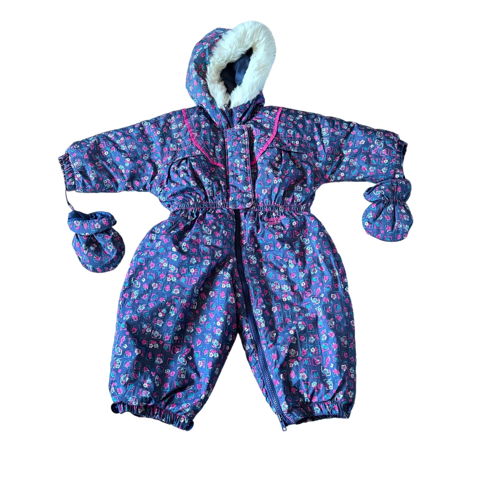 Vintage 90s Oshkosh B'gosh Girls 18 Month Snowsuit Blue Pink Floral Hooded