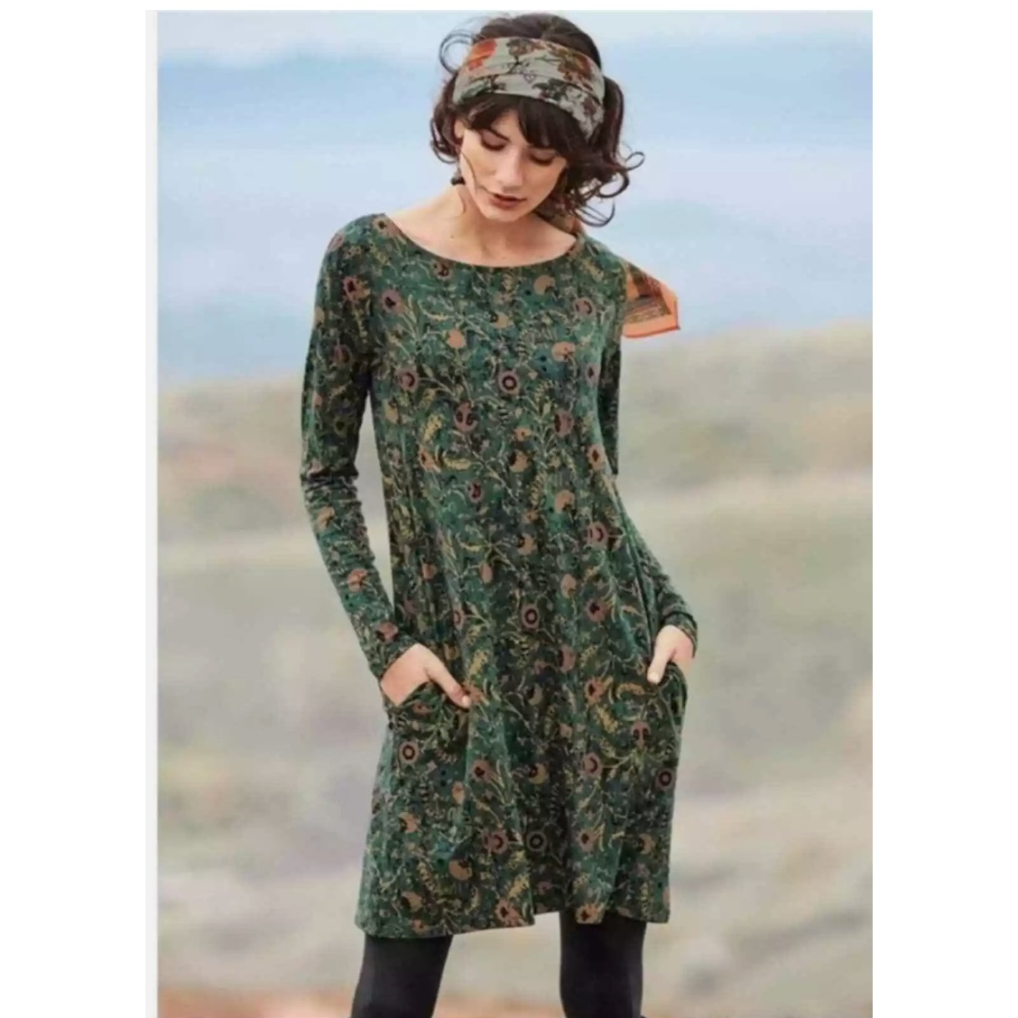 Peruvian Connection Orla Dress Women Sz L Green Paisley Long Sleeve Pima Cotton