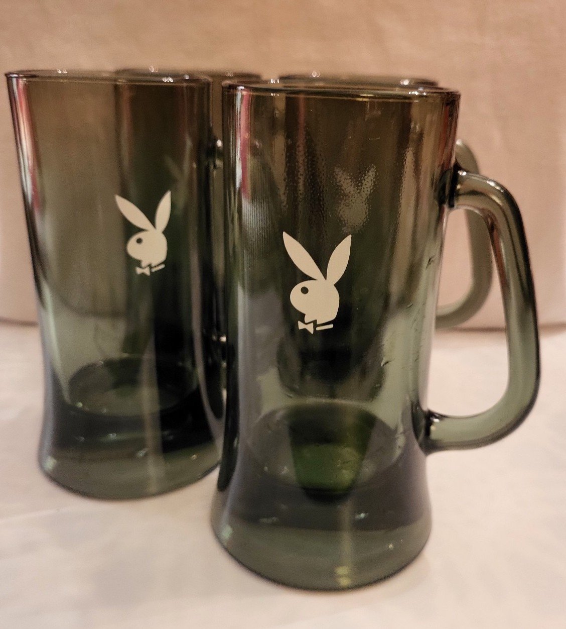 Vintage Mint 1960s Set of 4 Playboy Bunny Mugs Smokey Green Glass Never Used!