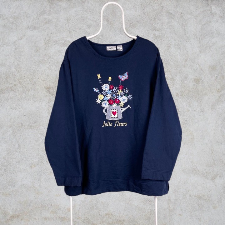 Vintage Embroidered Flowers Blue Sweatshirt