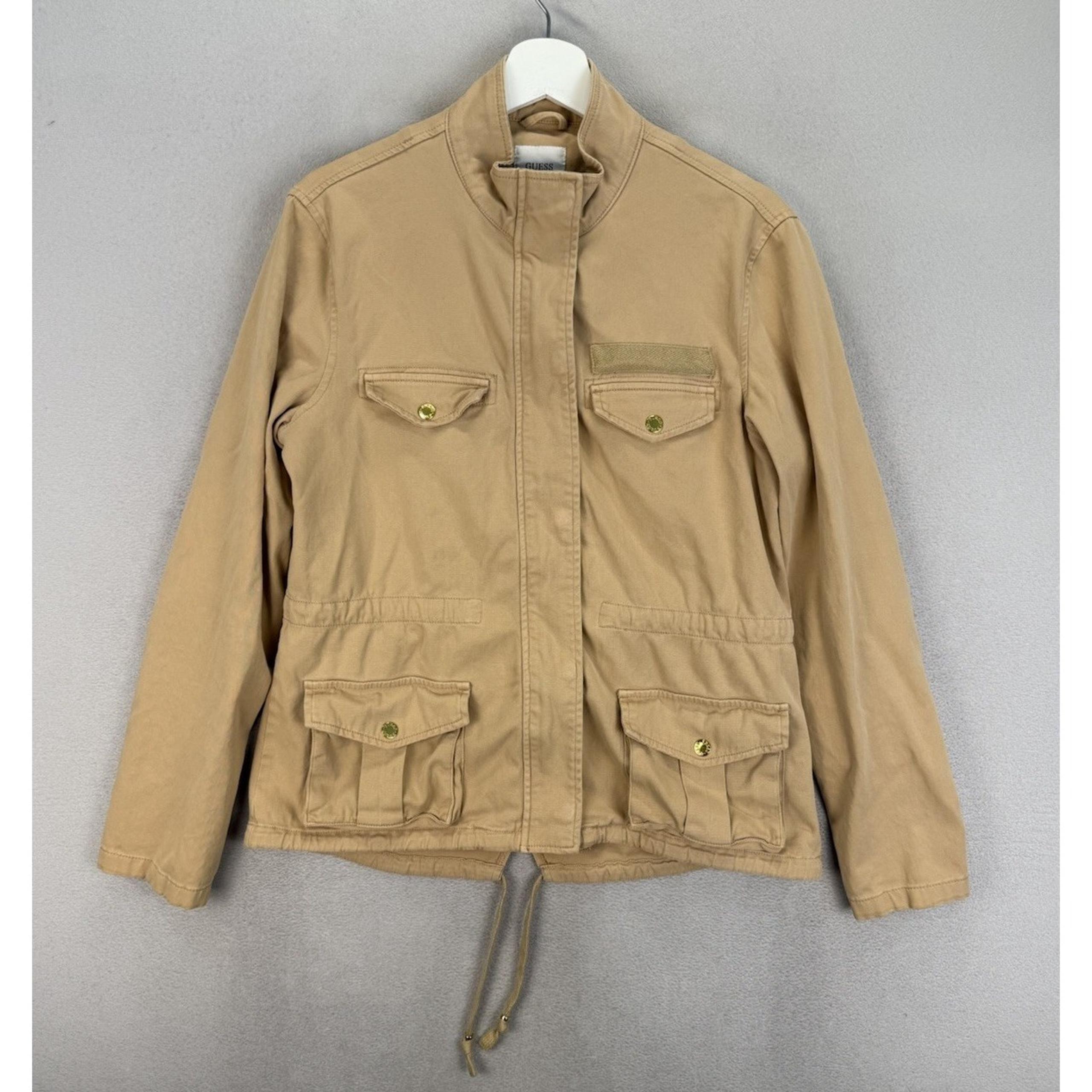 Guess Jacket Women's Sz M Brown Cargo Utility Military Snap Front Over Coat