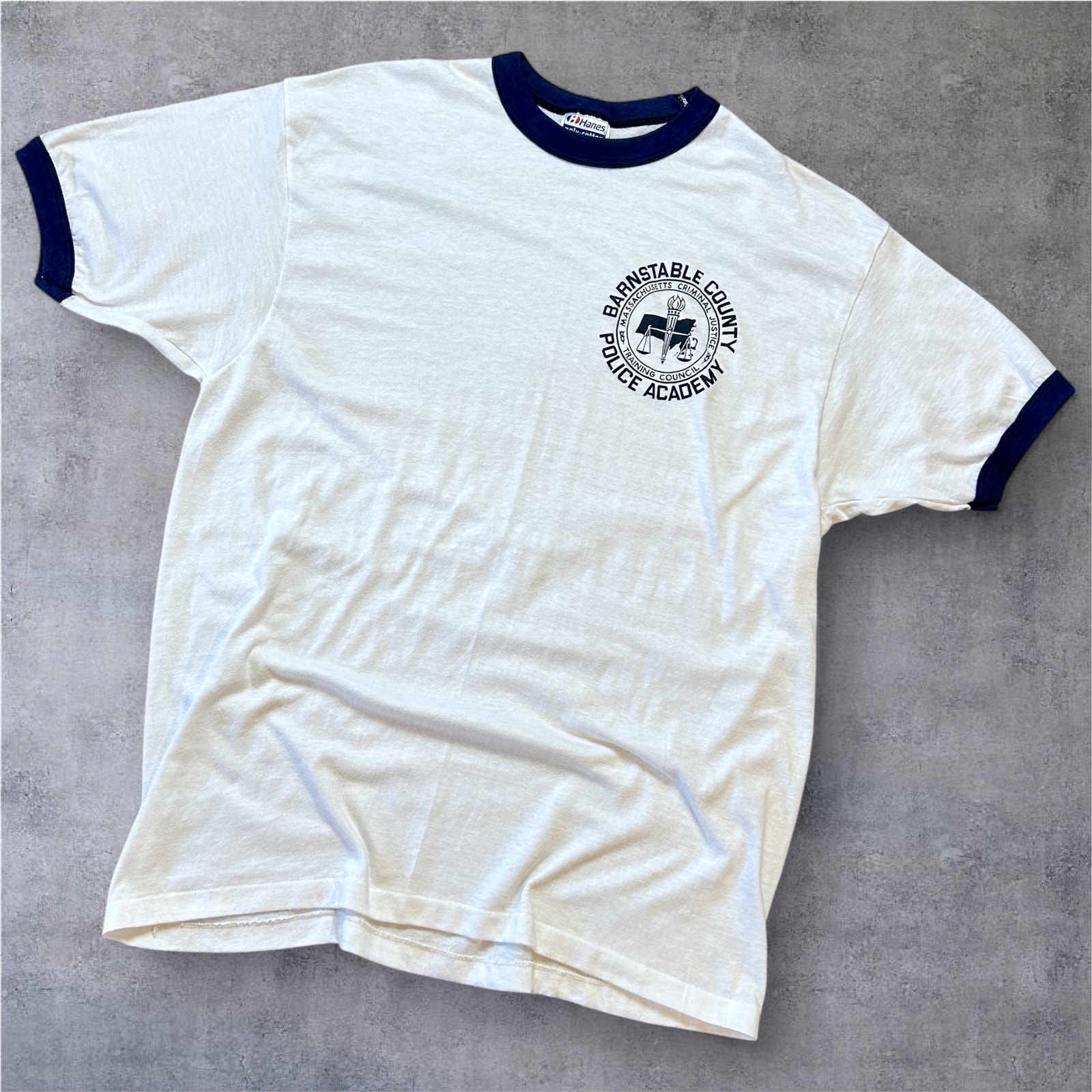 80's Barnstable County Police Academy T Shirt Size Large XL RARE Ringer Tee EUC