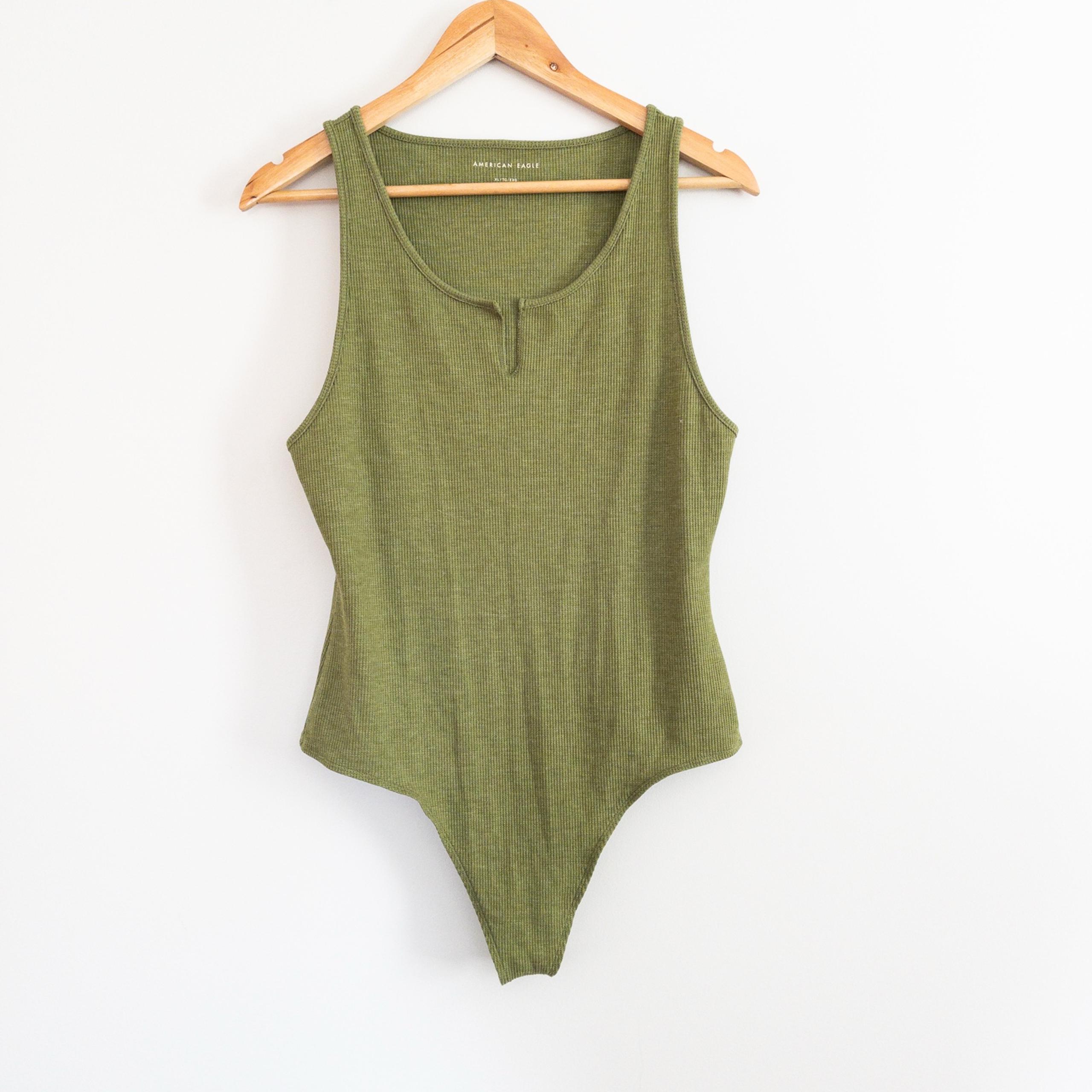 American Eagle Green Textured Knit Split Neck Tank Bodysuit Thong Back XL NWT