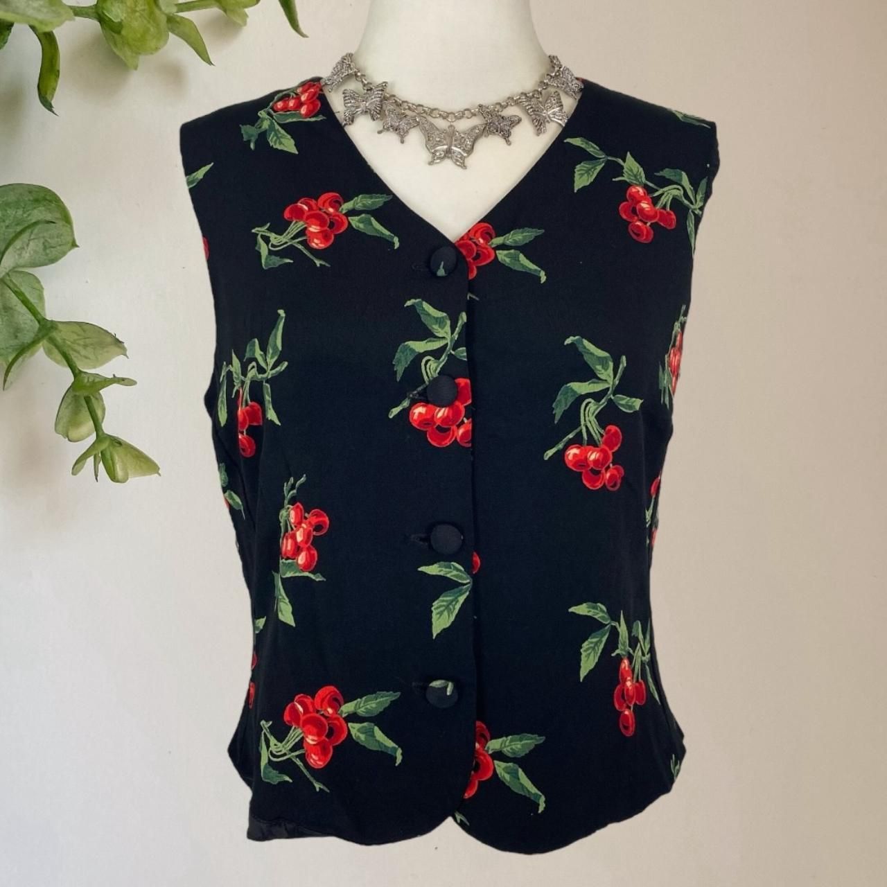 Vintage 90s Made in USA Paper Tag Black Red Cherry Vest Top Size 8 Petite