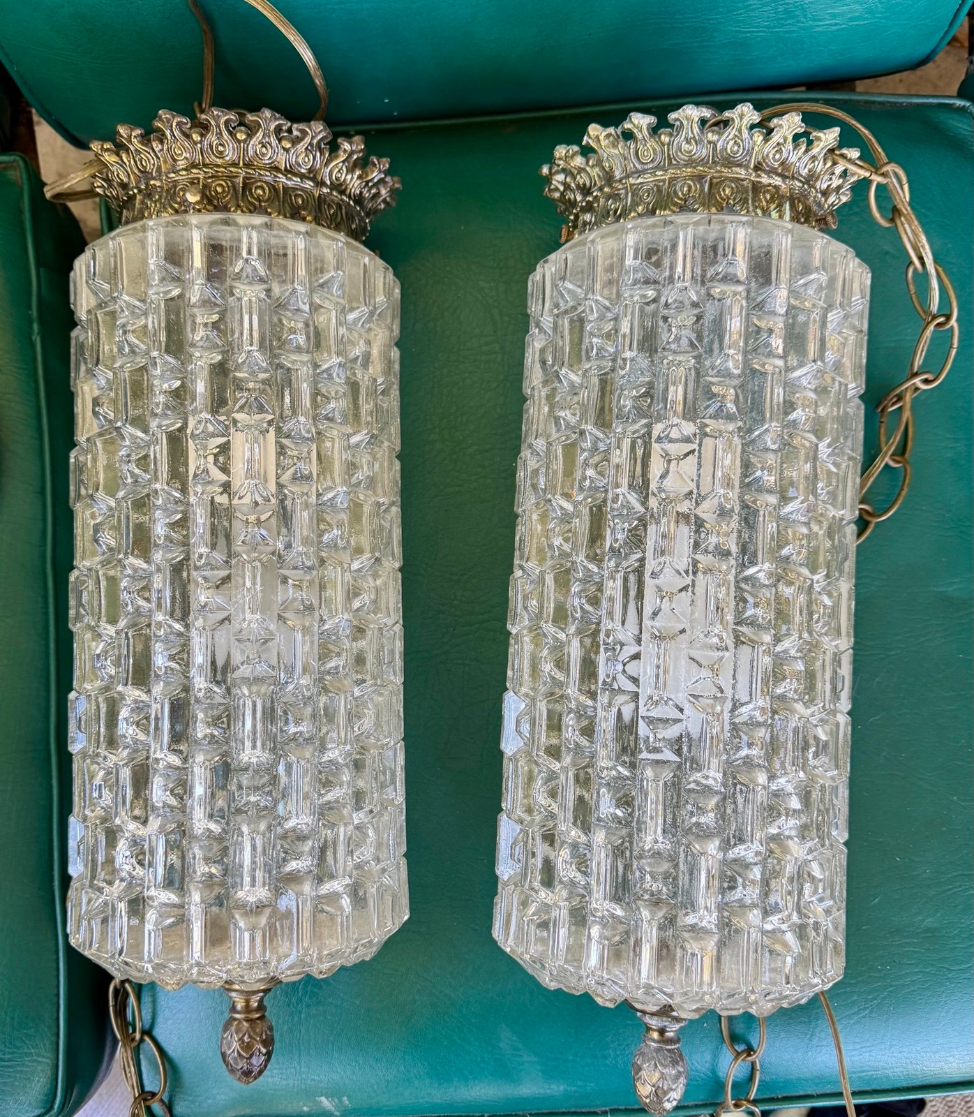 Vintage Hollywood Regency geometric glass, pair