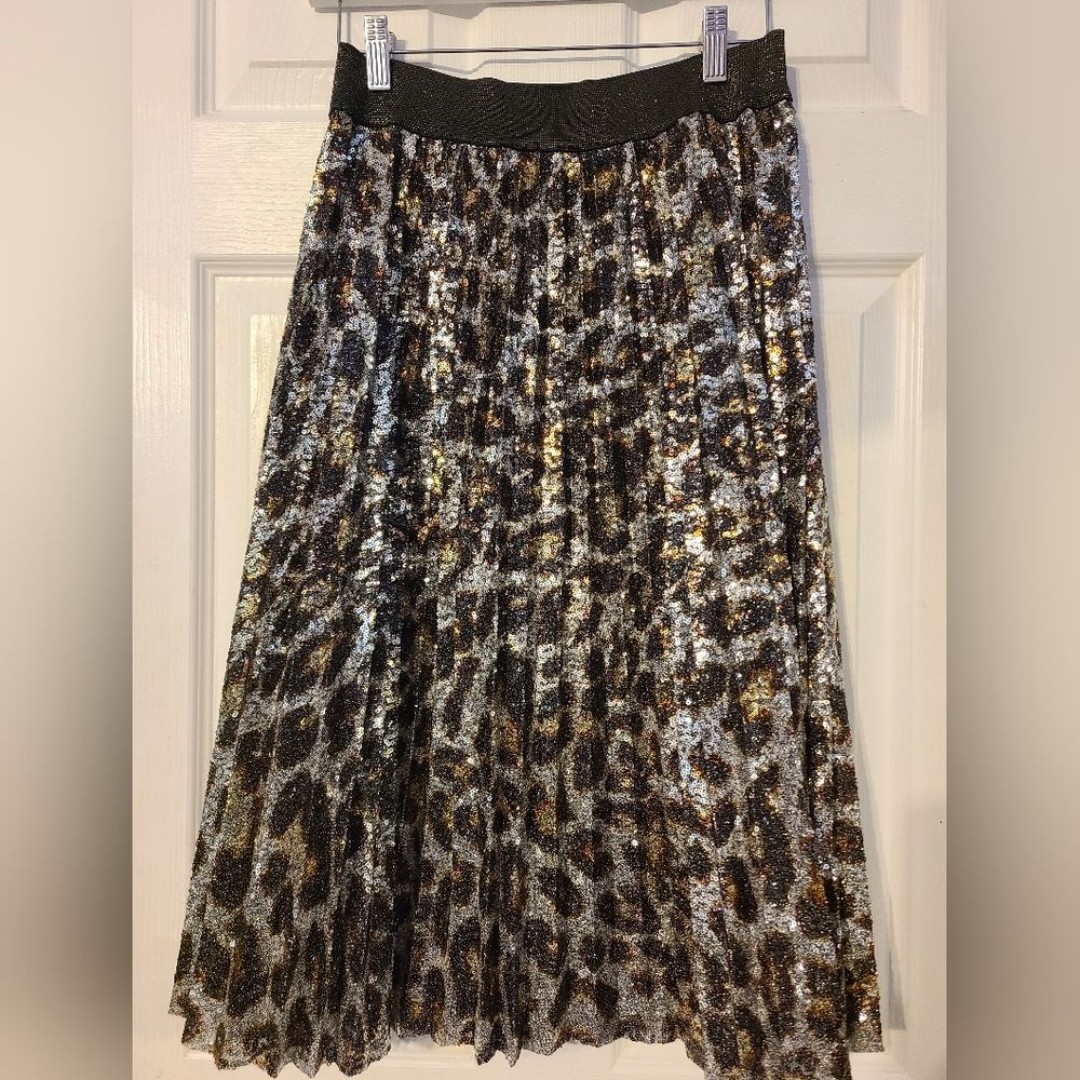 Le Superbe 'Purrrfect' Sequined Pleated Midi Skirt, Black Silver Gold, S