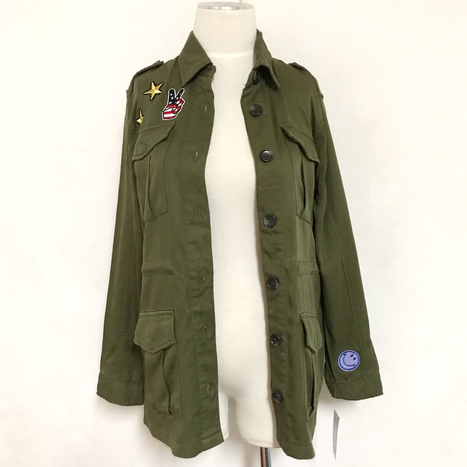 Army green military patch smiley peace jacket