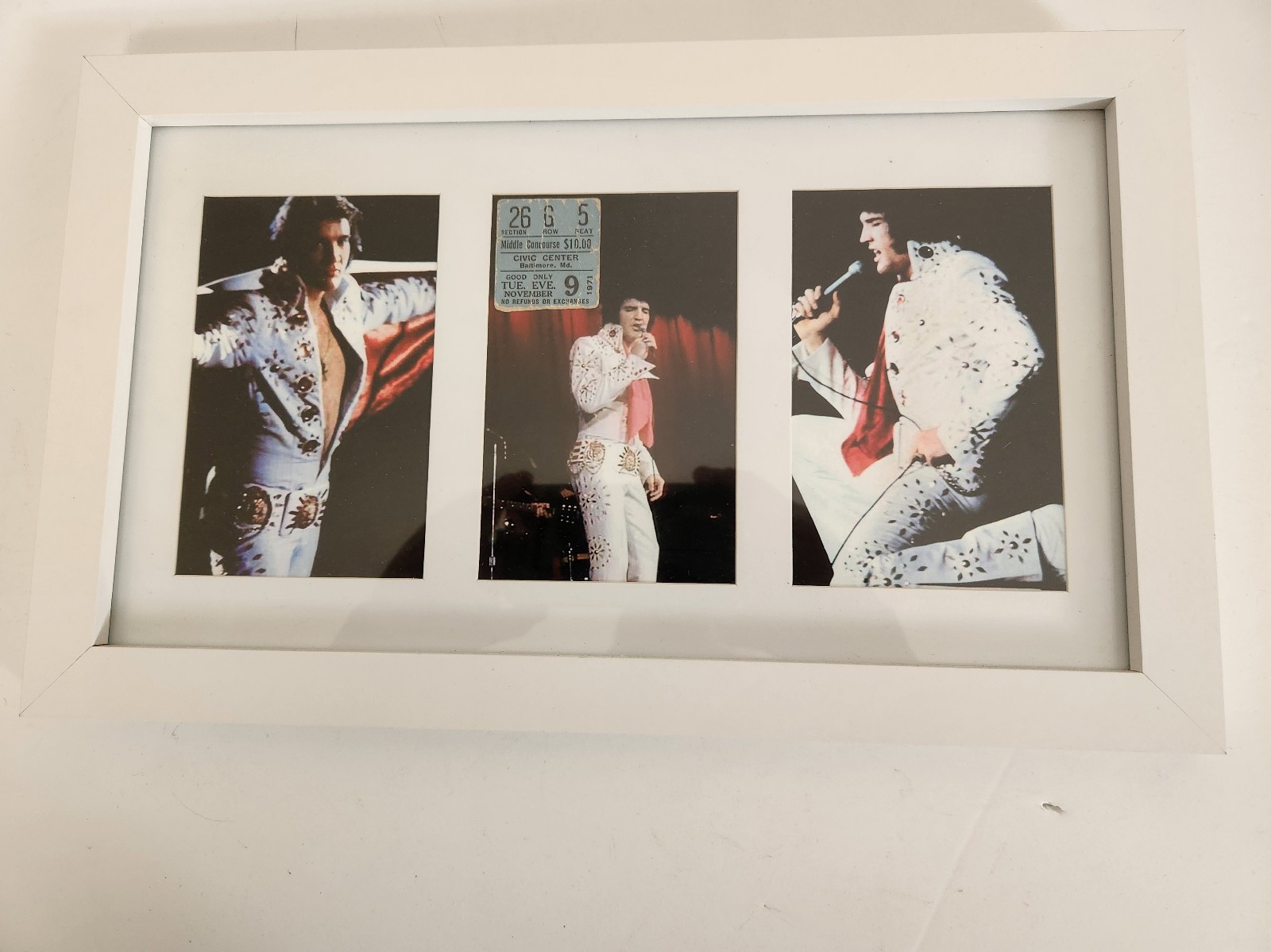 Original framed snap shots of elvis presley and concert ticket stub from 1971
