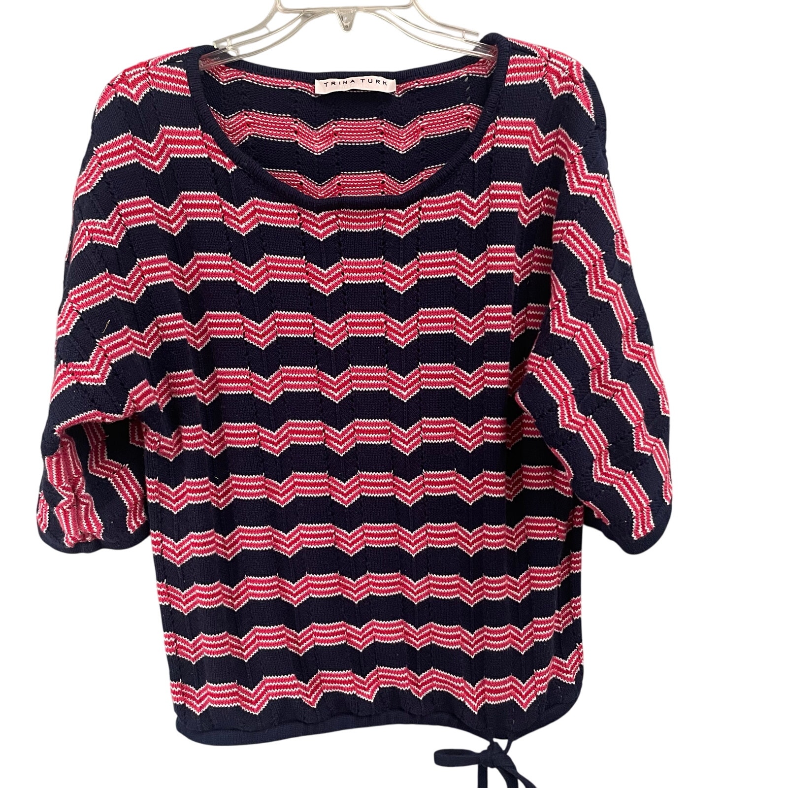 Trina Turk Drawstring Pom Pom Sweater Size Large Lightweight Open Knit