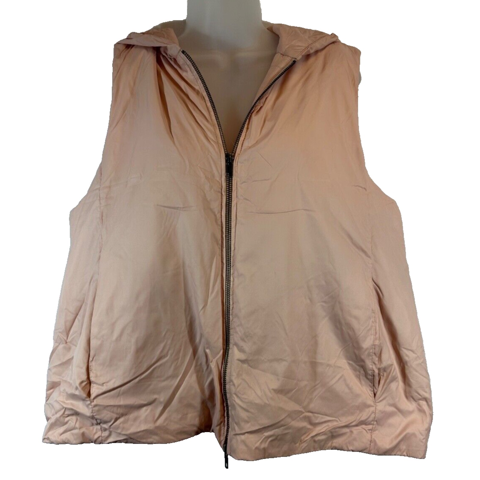 Eileen Fisher L Powder Pale Pink Recycled Nylon Puffer Hooded Tunic Vest D50