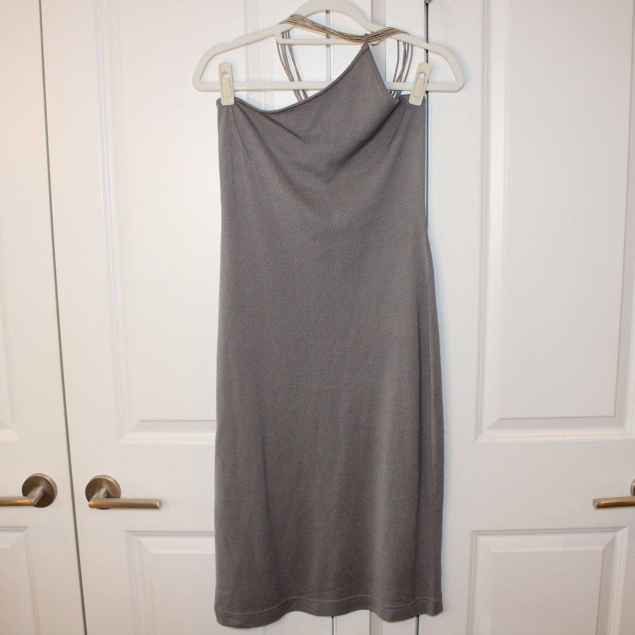 AMAYA ARZUAGA Knit Metal Coil Strappy Neck Dress in Charcoal Gray | Small