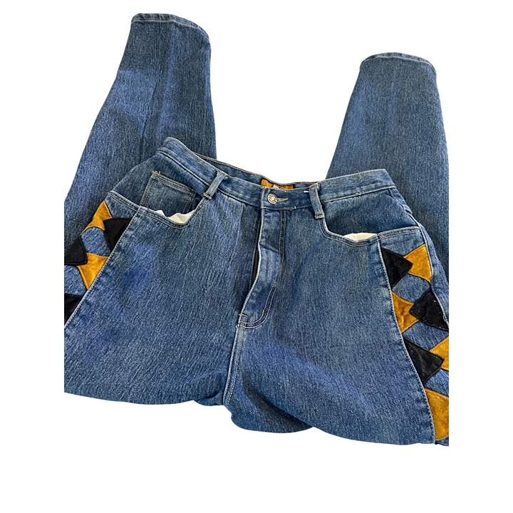Vtg Baccini Denim Jeans Sz14 Gold Black Triangle Patchwork high waisted READ