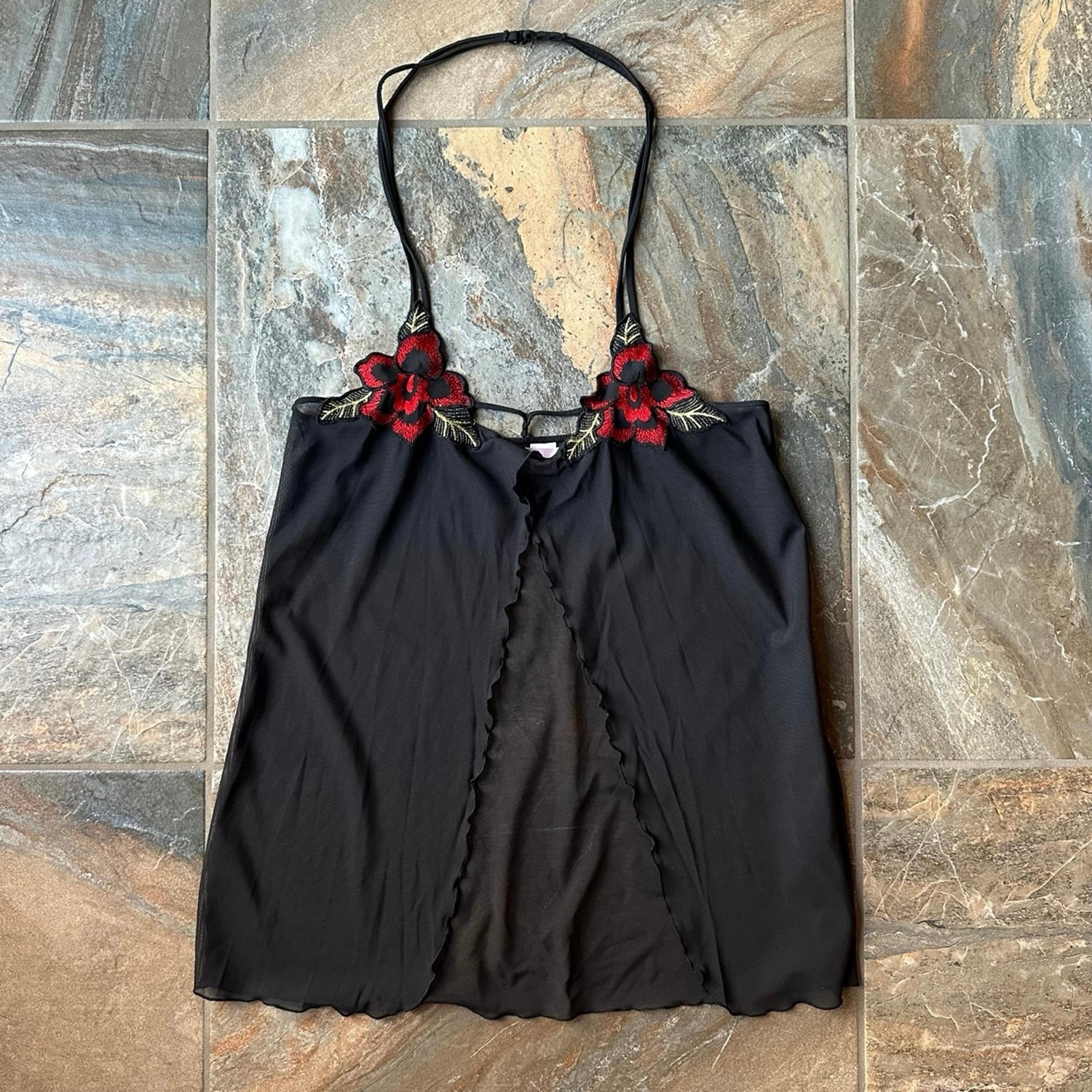 VICTORIA'S SECRET Sexy Black Mesh Babydoll Nightie Fly Away Floral Embroidered L