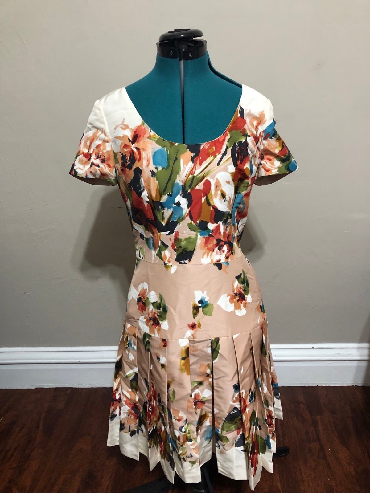 Oscar de la Renta Pink Floral Abstract Pleated Cocktail Silk Dress, sz 6