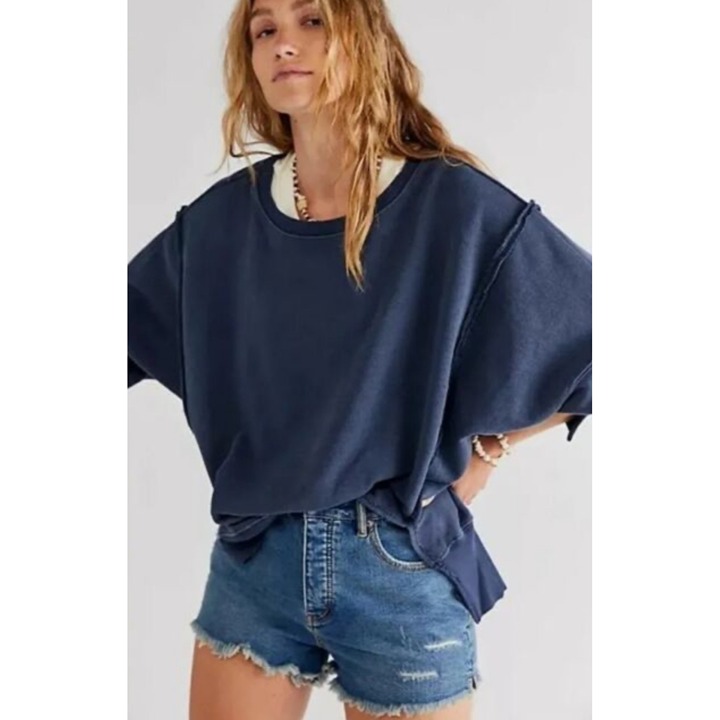 Free People Beach Tunic Sweater Top Women Small Blue Oversized Bohemian Lagenloo