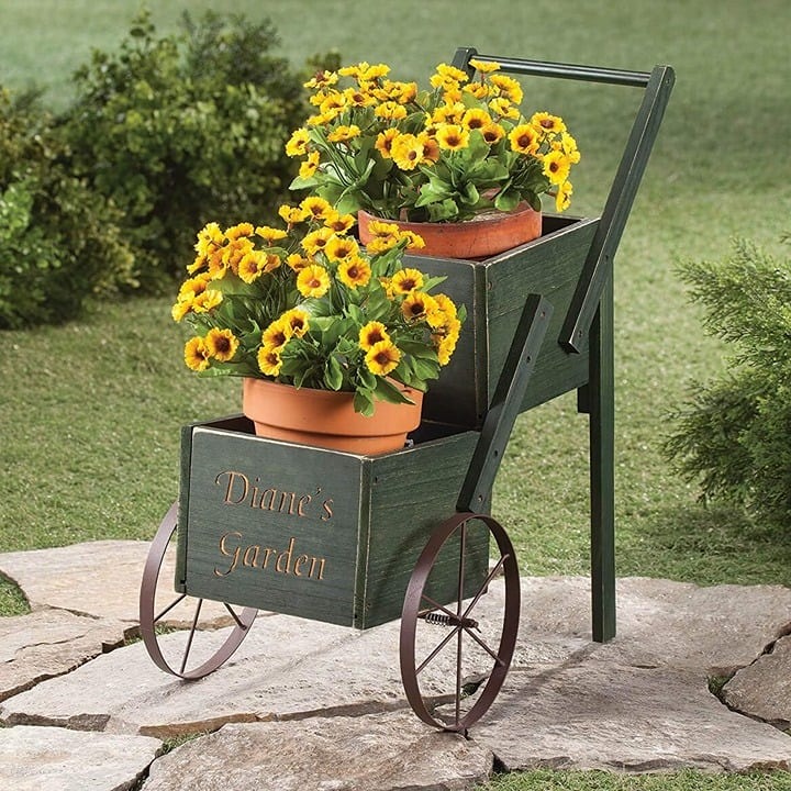 Personalized 2-Tier Garden Trolley Cart, Made of Durable 100% Wood, Metal Hardwa