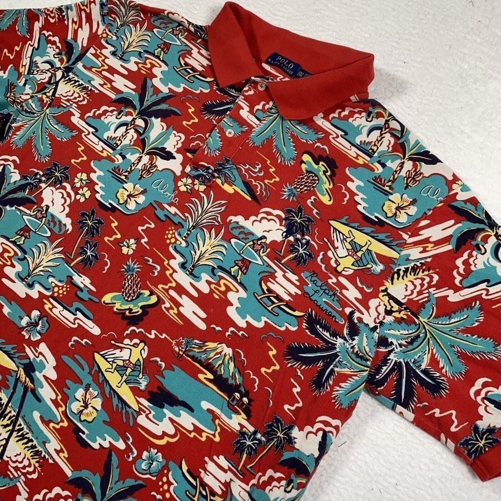 Polo Ralph Lauren Shirt Mens 2XLT Red Hawaiian Aloha Floral All Over Palm Pony