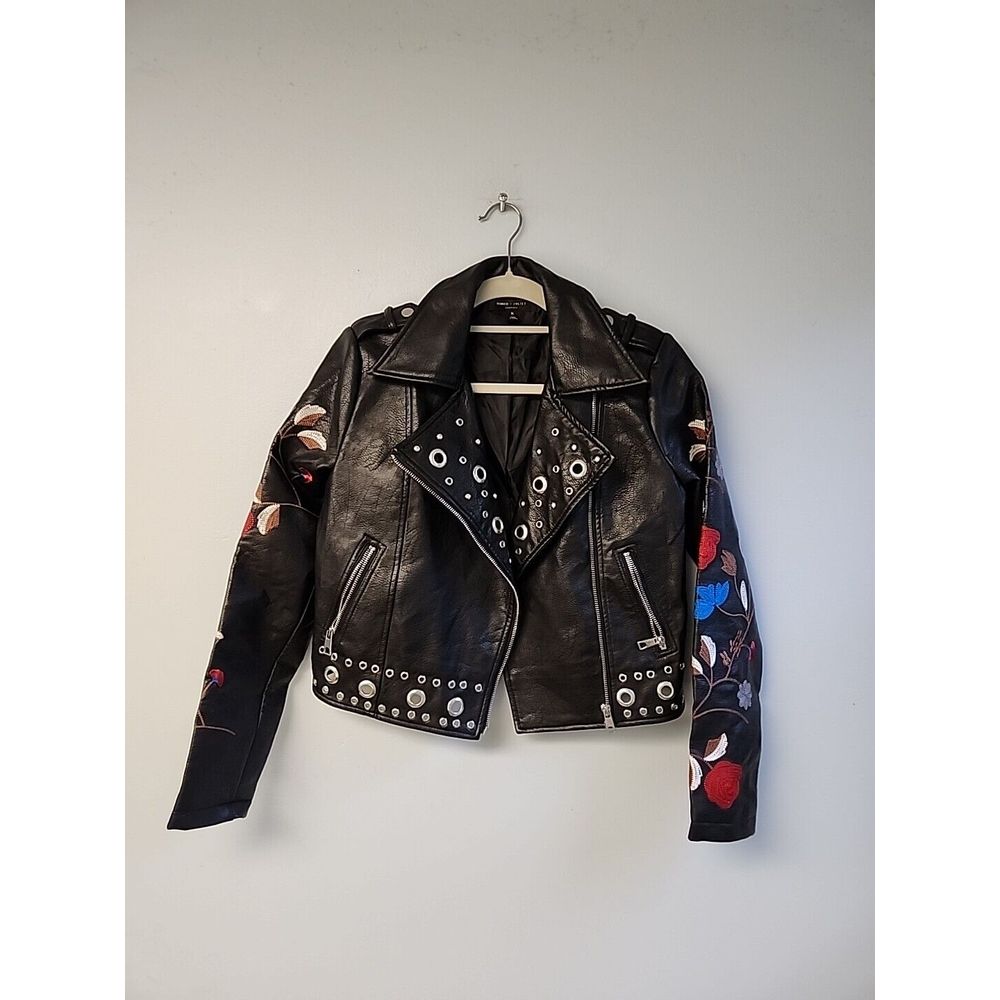 Romeo Juliet Couture Womens M Black Moto Jacket Floral Embroidered Faux Leather