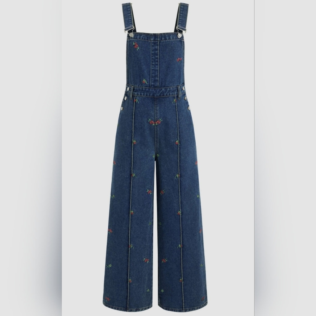 Cider - Denim Floral Buckle Wide Leg Jumpsuit (NWT)