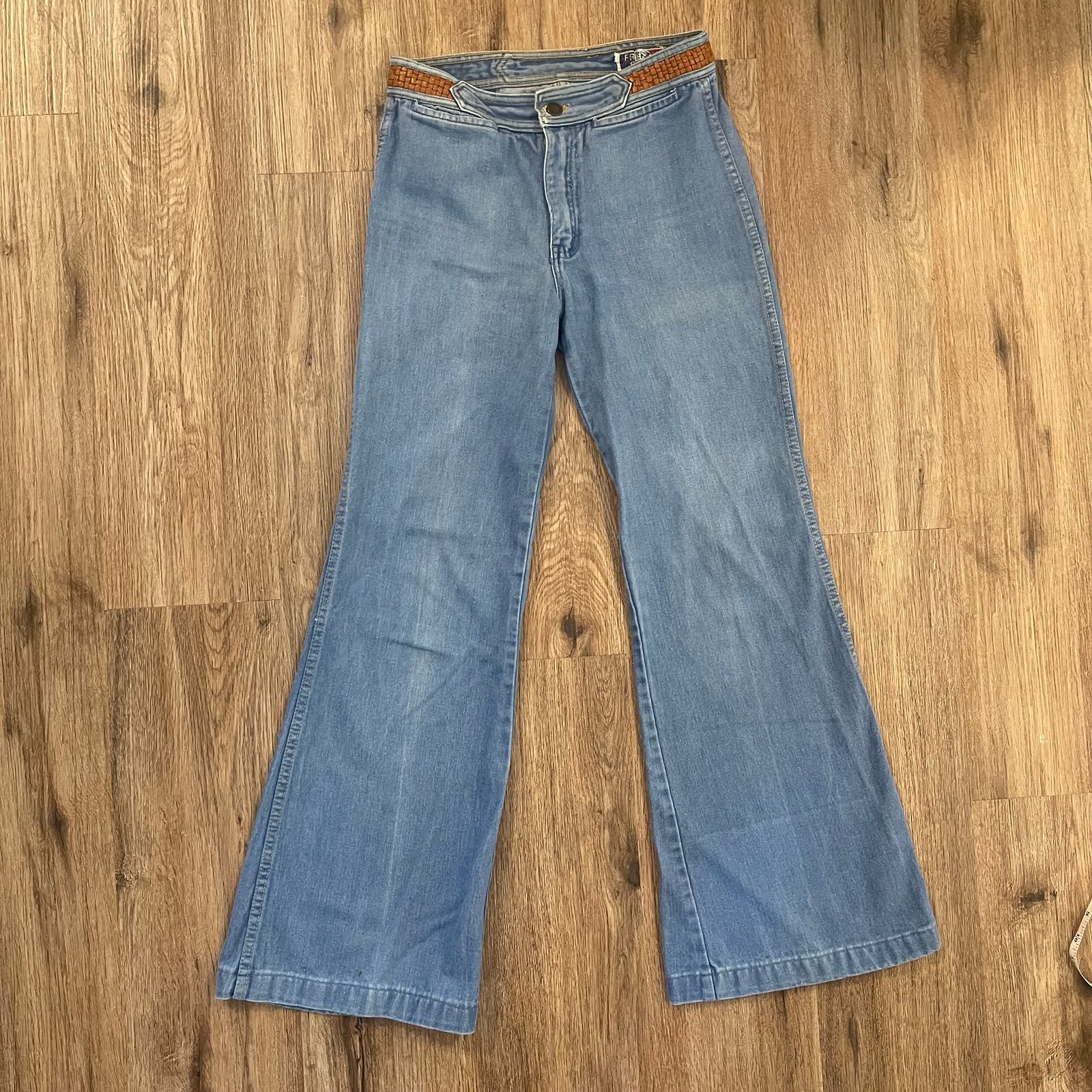 Vtg 70s French Stat Bell Bottom Jeans Women’s 28 Leather Trim Flare High Waist