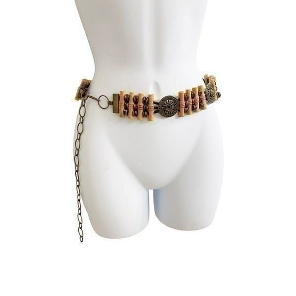 Womens Vintage Chain Beaded Adjustable Belt Bamboo Wooden