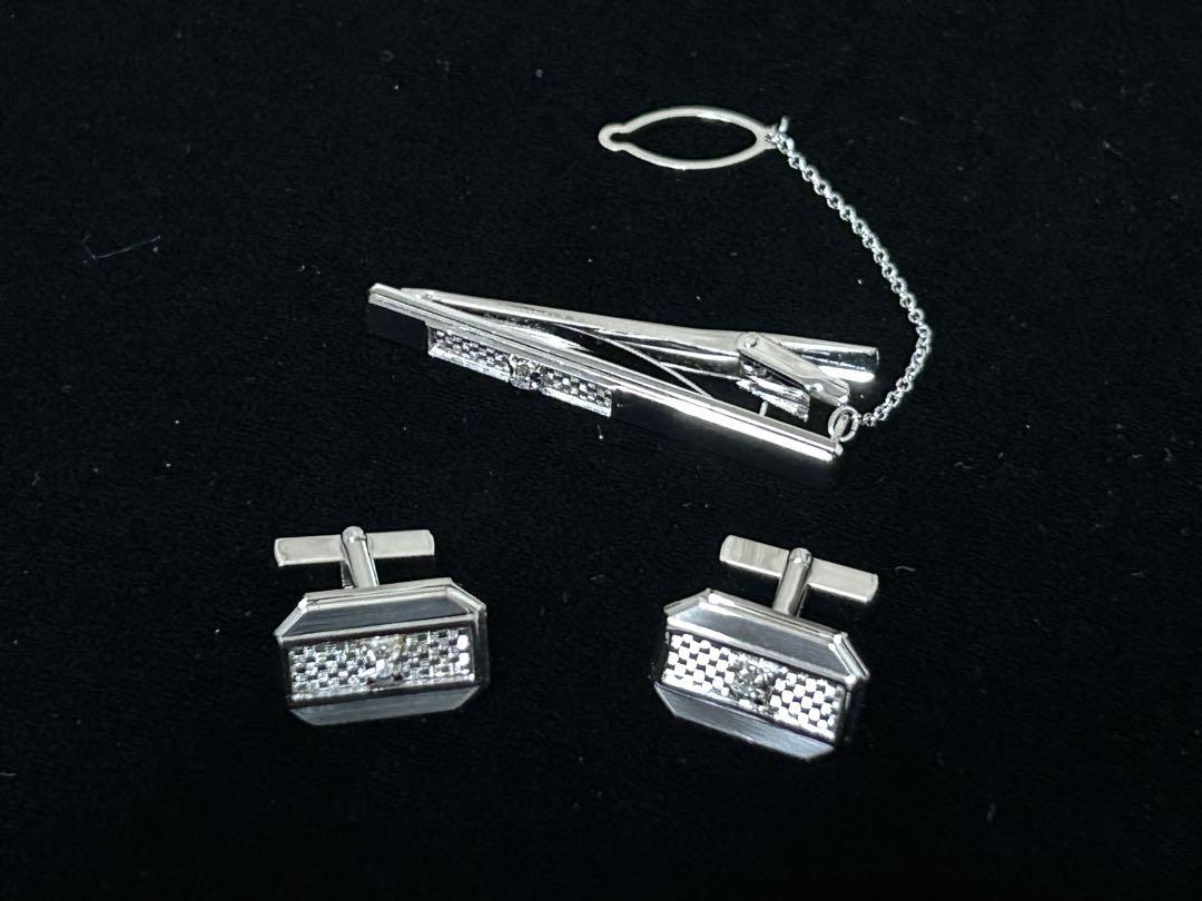 Silver & Diamond Cufflinks and Tie Pin Set