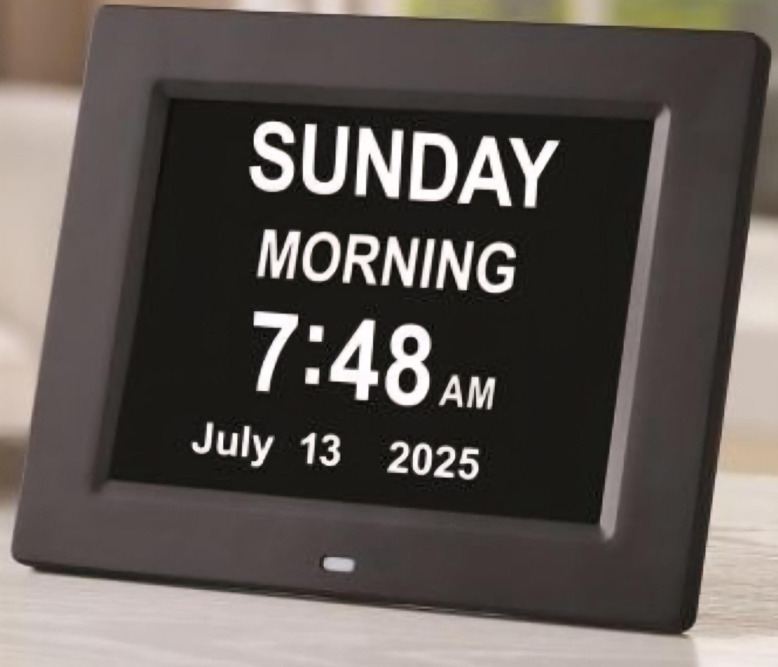 Digital clock displays time, date, time of day, day of week, medication alarm
