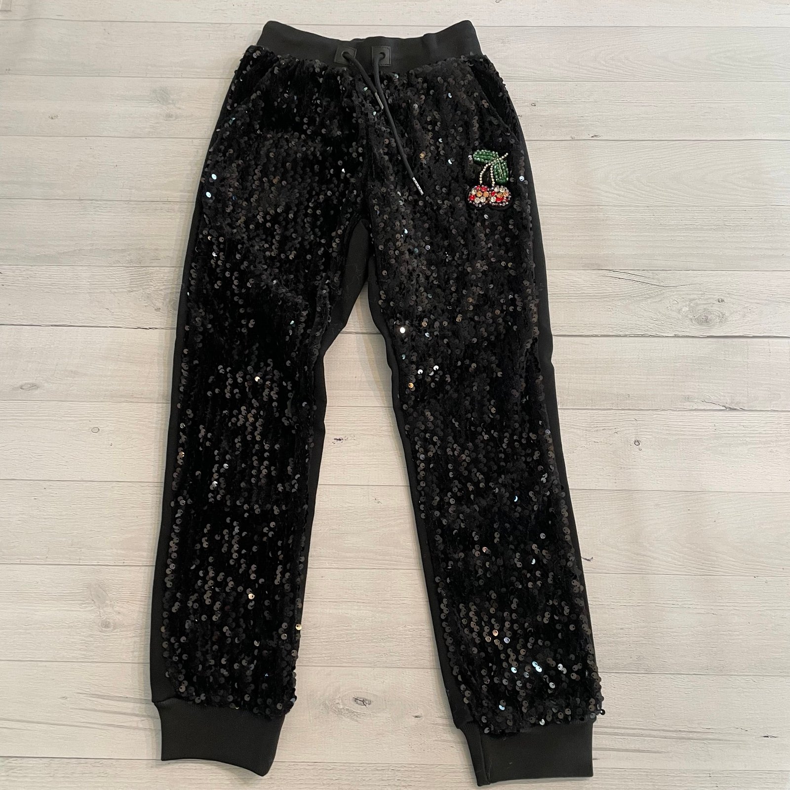 Lola and the boys black sequin joggers cherry rhinestone NEW