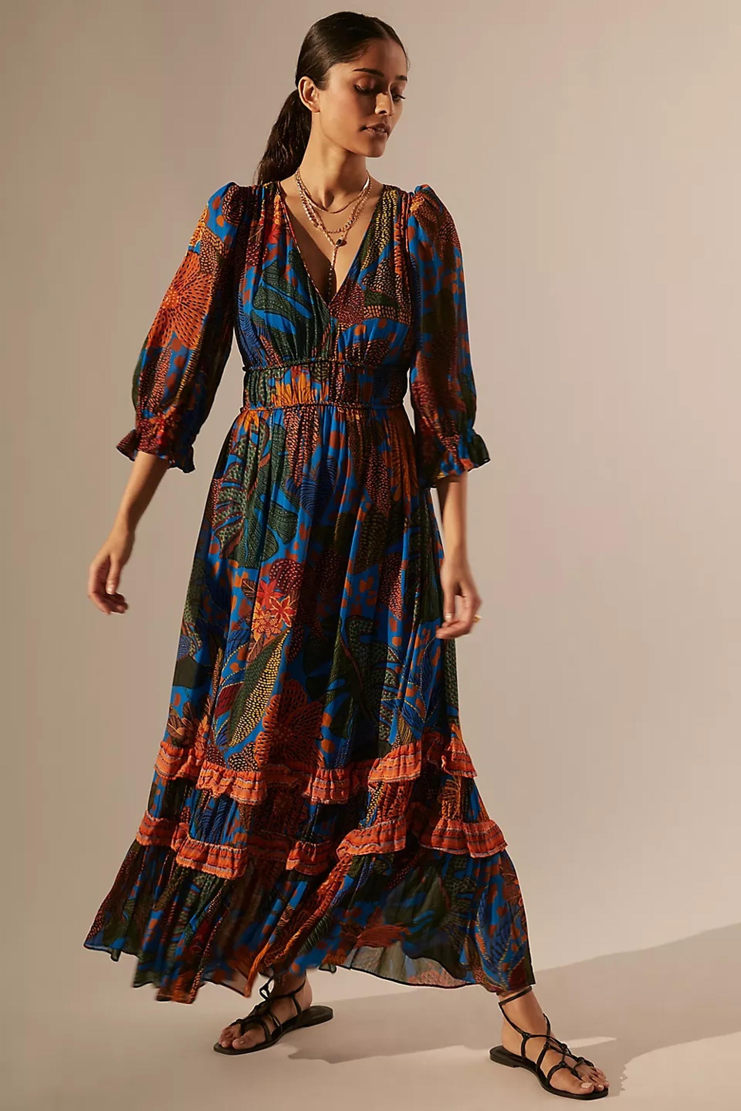Anthropologie x Farm Rio Women's Blue Bell Sleeve Floral Midi Dress Size XL
