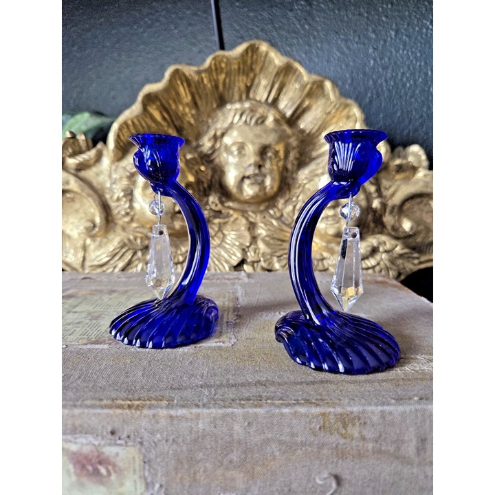 Vintage Mosser Cobalt Blue Glass Candlesticks Candle Holders w/ Clam Shell Base