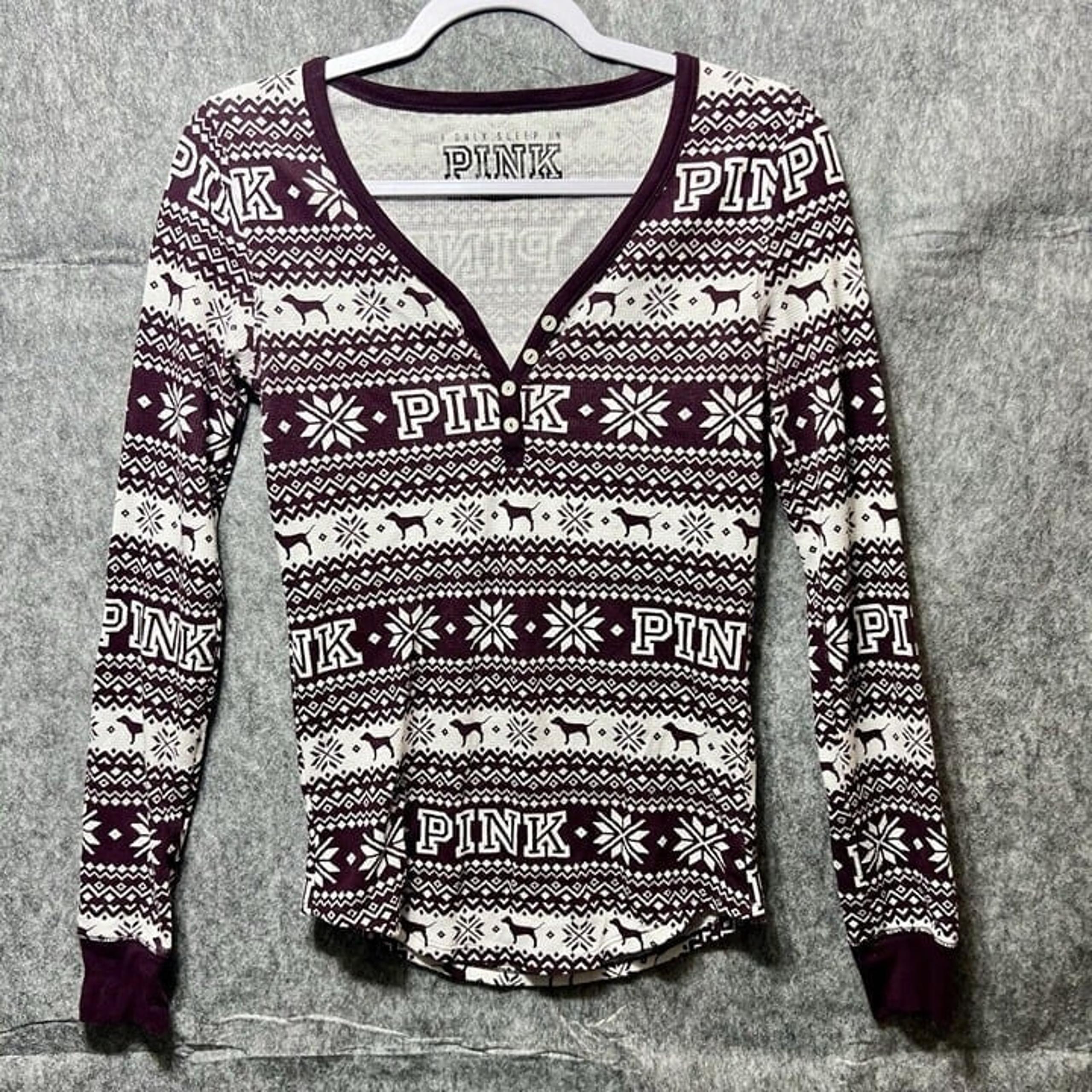 Victoria's Secret PINK Shirt Small Thermal Henley Fair Isle Dog Pajama Top