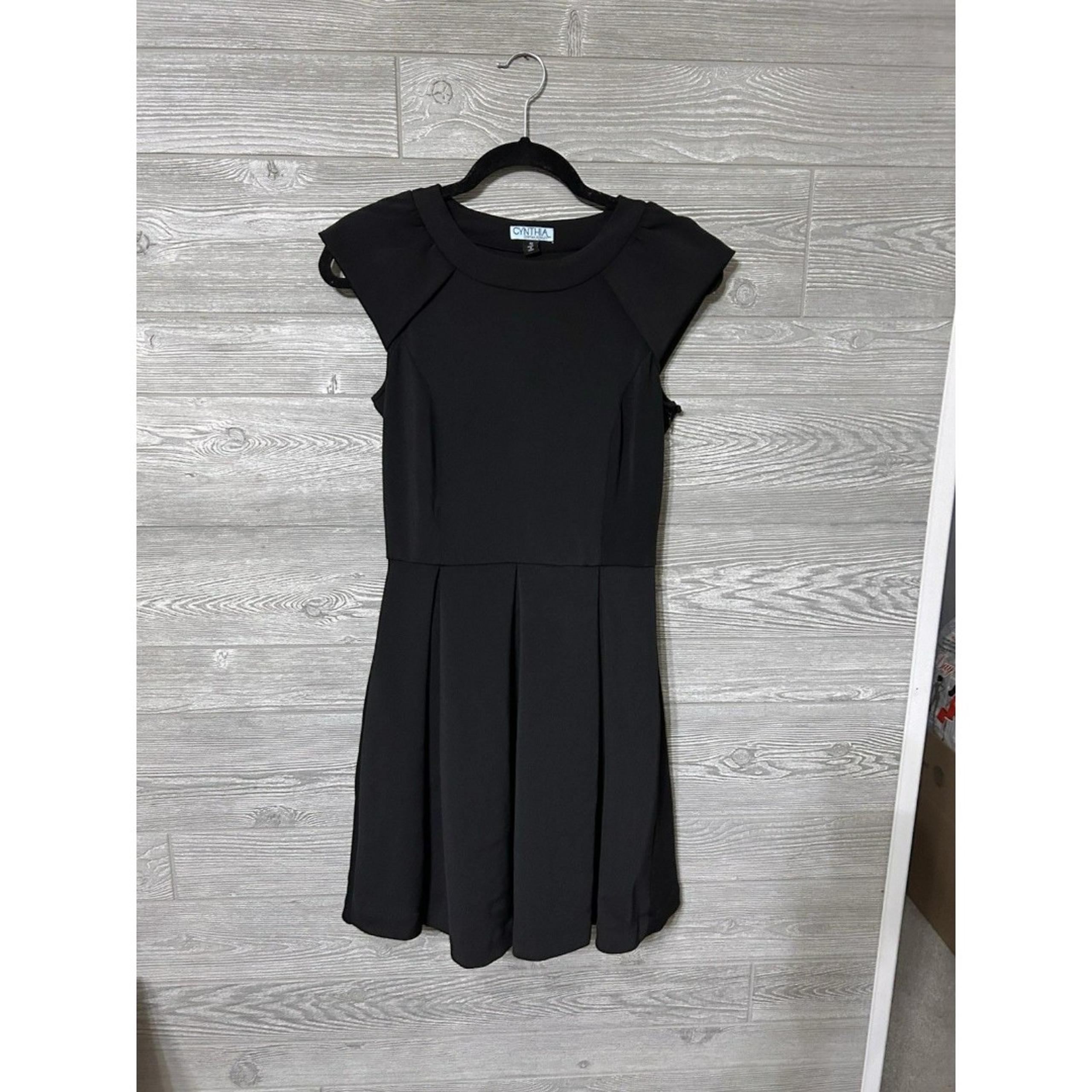 Cynthia Rowley Dress Womens S Black Fit & Flare Mini Stretch Cap Sleeve Pleated